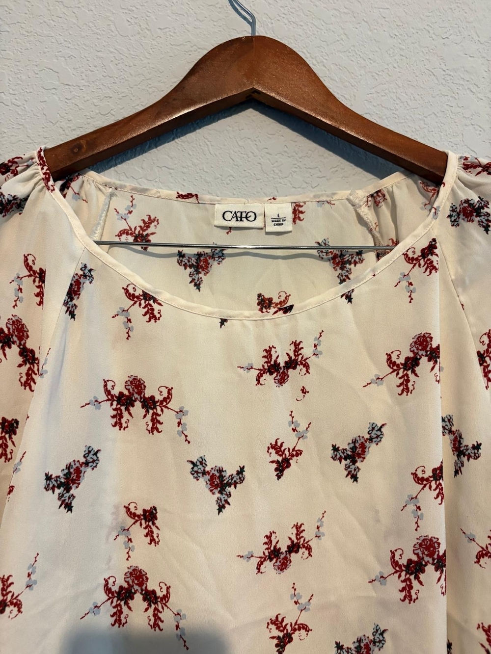 Cato Cream and Burgundy Floral Crochet-Sleeve Peasant Blouse - Picture 3 of 4